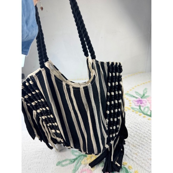 Striped Fringe Tote Bag Bohemian Purse Black Cream Woven Rope Handles - Picture 4 of 8